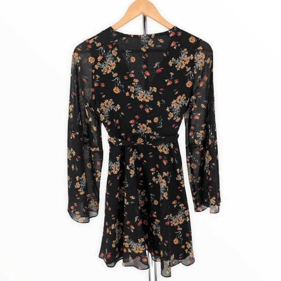 Free People Lilou Black Floral Print Mini Dress Belted Long Bell Sleeves - Picture 9 of 11